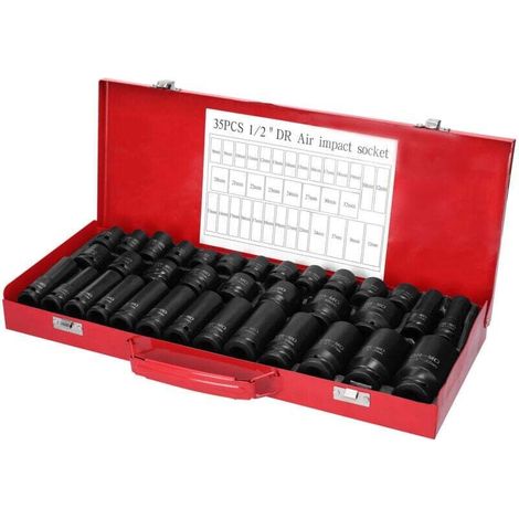 Jeu de douilles à Impact d'air de 12.5mm, 35 pièces, entraînement de 1/2 pouces, Kit pneumatique en acier au Chrome Vanadium, outil de réparation automobile (1/4)