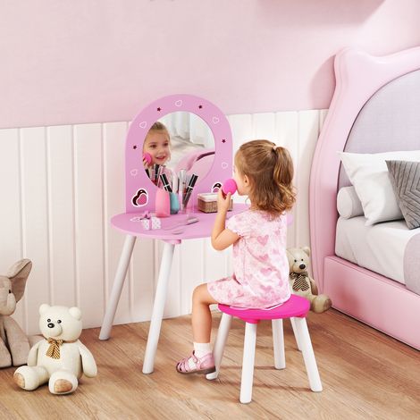 Tocador Infantil con Taburete y Espejo Tocador para Niñas con Dibujos de Corazones para Niños y Niñas de 3-6 Años Rosa (1/5)