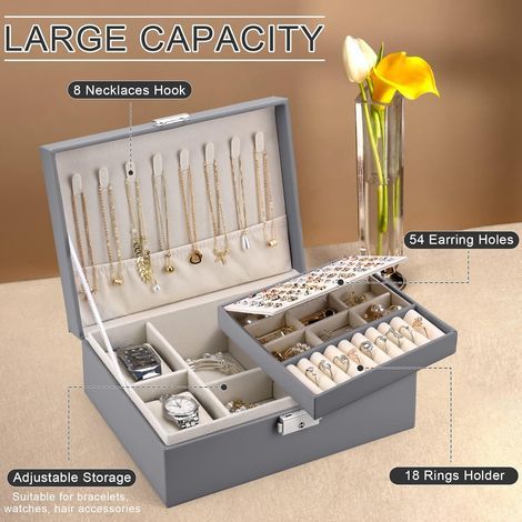 HONORNIC - Boîte à bijoux pour femme, à double compartiment et grande capacité, comprenant deux coussins pour montres, en cuir PU gris. (1/4)