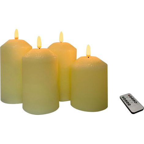 LED-Kerzen 4er-Set Echtwachs 10/12/13/14 cm Stumpenkerzen mit Flackerlicht - gelb