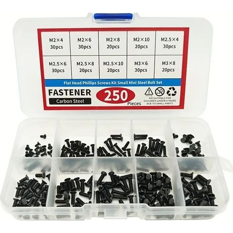 250 pcs Vis de réparation pour ordinateurs portables, tablettes, écrans et lunettes – Lot de vis miniatures noires M1.2, M1.4, M1.6, M2, M2.5, M3 (1/2)