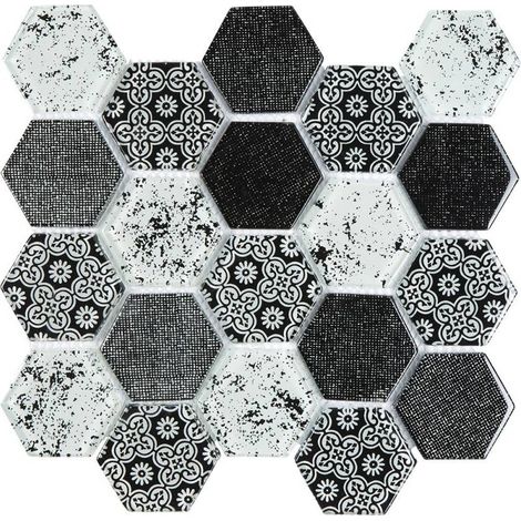 Decoon – Mosaïque en verre hexagonale décorative – Mix gris – Pour revêtement mural moderne – Plaques de 1 m²