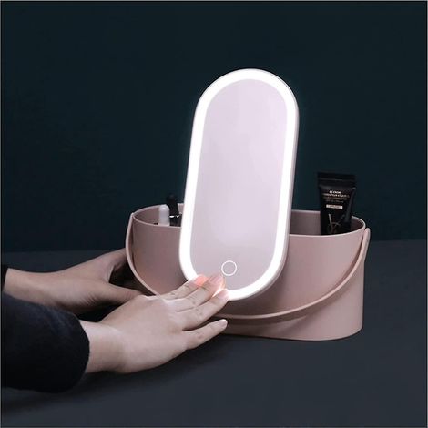 Boîte de rangement pour maquillage avec miroir et lumière LED, organisateur de maquillage portable pour les voyages avec lumière tactile rose (1/5)