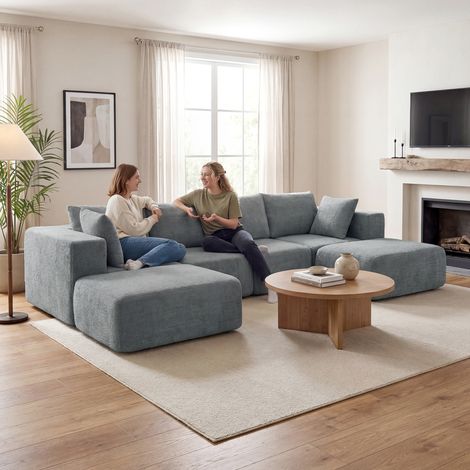 Canapé angle modulaire Gris Argent tissu effet velours mousse coussins 294x165x70 cm (1/5)