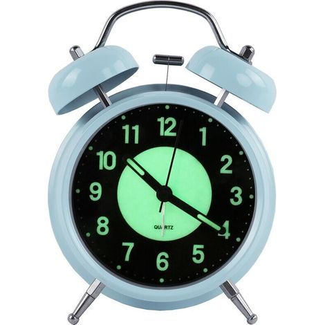 Veilleuse rétro réveil matin calme quartz réveil de chevet, horloge analogique de voyage réveil alimenté par batterie anti-tic double anneau enfants réveil avec veilleuse, 4 pouces (bleu)