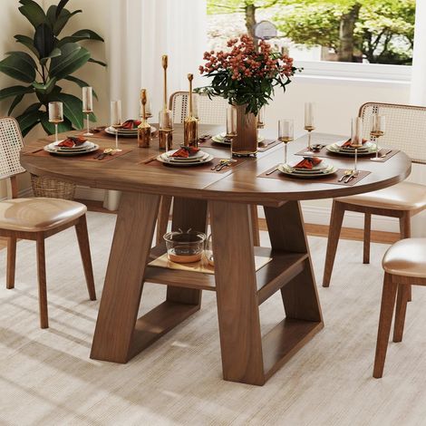 Table de salle à manger extensible, 110/150 x 100 cm, idéale pour 4 à 6 personnes, table ronde avec rangements et étagères, finition noyer. (1/5)