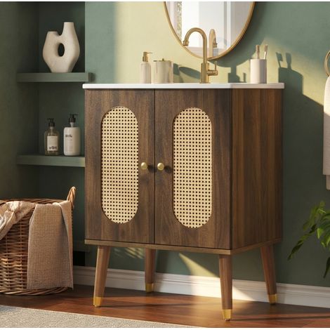 Mueble bajo lavabo de 61 cm con patas y puertas de ratán, lavabo de cerámica, color nogal (1/5)