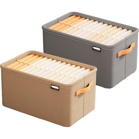 – Pack de 2 paniers de rangement en tissu avec poignées en cuir – Dimensions 35x25x22CM et 42x28x25CM – Idéal pour étagères et placards (1/5)