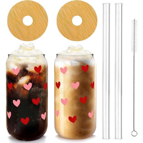 Trinkgläser Kaffeeglas Bierdosenglas Deckel Strohhalm Rosa Herz2 (1/5)