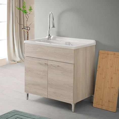 Mobile lavatoio 80x50 cm rovere grigio con vasca e kit di scarico (1/5)
