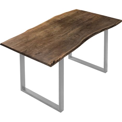 Esstisch Baumkante massiv Akazie nussbaumfarben 130 x 75 cm silber U-Gestell BILLY (1/5)
