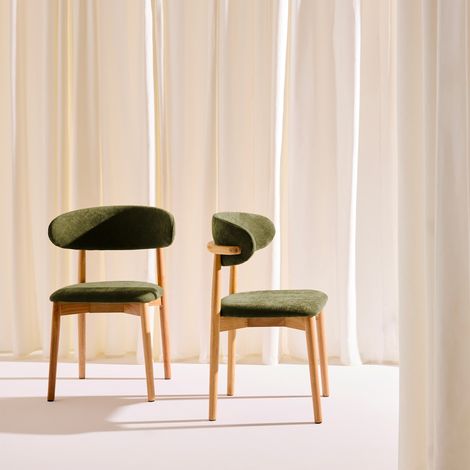 Lot de 2 chaises bois d'hévéa naturel et tissu chenille - Paola Naturel / Kaki (1/5)