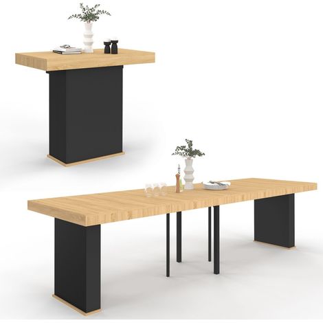 Idmarket – Table console extensible 14 personnes 300 cm – Bois noir – 5 rallonges de 51 cm – Dimensions compactes 90 x 47 cm