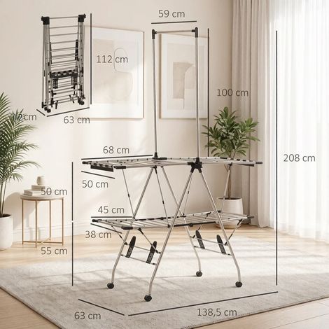 Étendoir à linge pliable à roulettes, étendoir mobile, support de séchage polyvalent, tour à linge spacieuse (1/4)