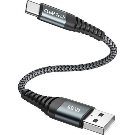 CLEM Tech - Cable USB A vers USB C de 30cm 60W Gris - Cable Court Charge Rapide PD 60W - Compatible avec Ordinateurs Portables, Tablettes et Smartphones. Idéal Voiture, Bureau, Table de chevet.. (1/5)