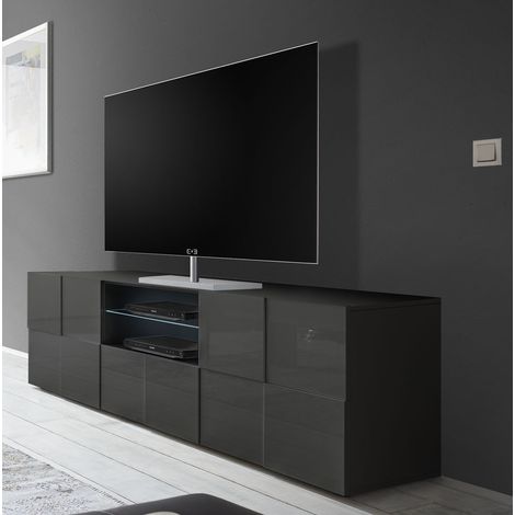 Meuble TV moderne 181 cm laqué gris brillant Milenor (1/3)