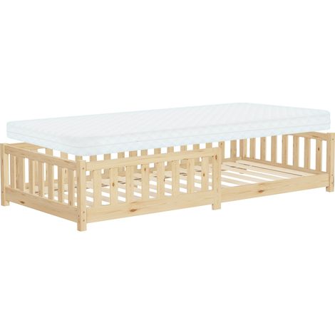 ML-Design Kinderbett 90x200 cm Natur mit Matratze H:10cm, Bodenbett für Kinder mit Lattenrost und Rausfallschutz, Jugendbett aus massivem Kiefernholz, Bettgestell für Jungen/Mädchen, Holzbett Babybett (1/5)