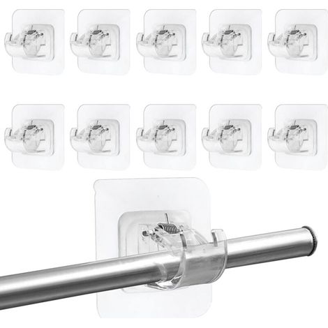10 Pièces Support Tringle Rideaux sans Percage,Porte-Serviettes Clips Supports de Tringle Auto-Adhésifs Transparent, Crochets Autocollants pour Tringle à Rideaux pour Cuisine Salle de Bain(Sans tige) (1/4)