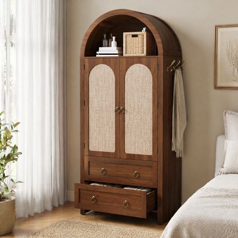 Credenza 80 x 40 x 180 cm con ante in rattan, 2 cassetti, noce DESVIAE (1/5)