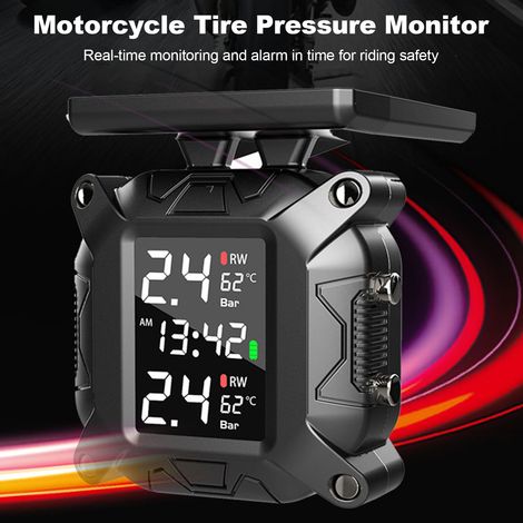 Système de surveillance de la pression des pneus (TPMS) pour motos, chargement solaire sans fil, étanche IP67, avec 2 capteurs externes. Affichage en temps réel de la pression et de la température des (1/5)