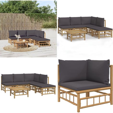 Set de muebles de jardín 6 piezas bambú con cojines gris oscuro - Muebles de exterior - Sofás de jardín