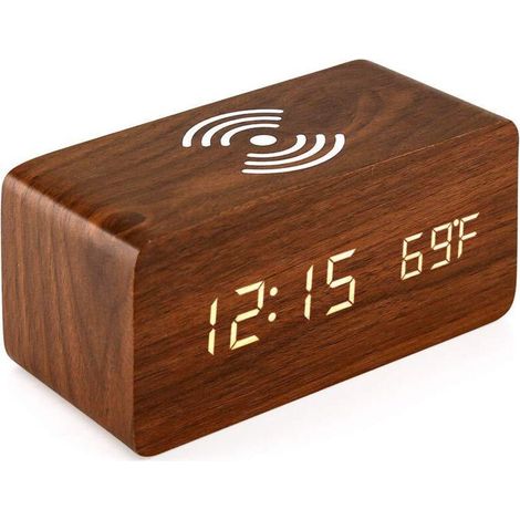 Termómetro digital, reloj despertador digital, reloj despertador LED de madera con carga inalámbrica, reloj despertador de madera con cargador de inducción, cargador inalámbrico - Crezuo