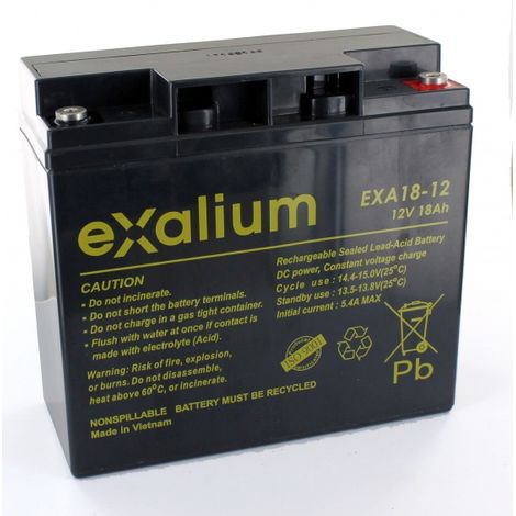 Batterie plomb 12V 18Ah étanche – Système AGM sans entretien – Recombinaison de gaz 99% – Usage fauteuil roulant, tondeuse – EXA1812 – Exalium
