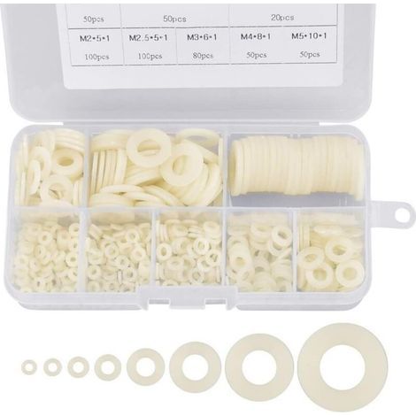 500 pièces rondelles plastique rondelles plates en nylon M2 / M2.5 / M3 / M4 / M5 / M6 / M8 / M10 Rondelle d'Etancheite blanches pour fixations industrielles (1/5)