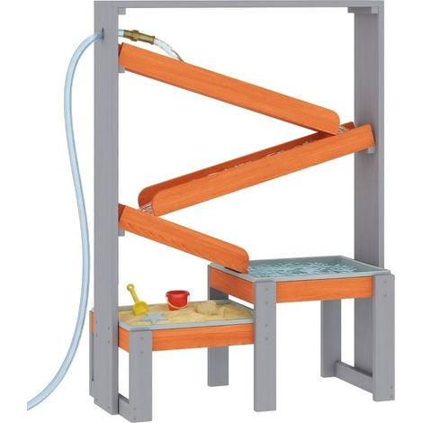 Table de jeu sable et eau en bois grise, avec circuit d'eau et deux bassins, pour enfants de 3 à 8 ans