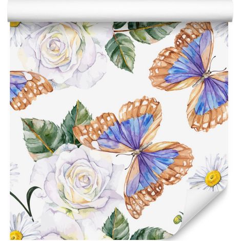 Papel pintado de rosas, flores, mariposas verdes y naturaleza para salón y dormitorio, 50x1000 cm. (1/5)
