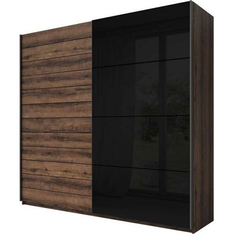 Armario Levruvu 105, Roble del Monastery + Negro, 210x220x61cm, Puertas de armario: Correderas, Número de estantes: 5