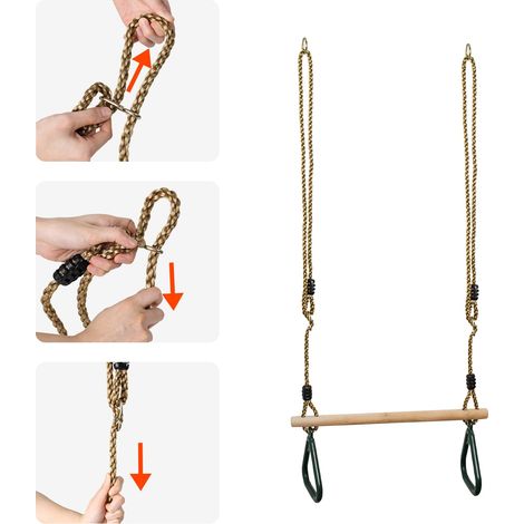 Leogreen Trapèze Balançoire en Bois avec Anneaux de Gymnastique, Jaune Leogreen Trapèze Balançoire en Bois avec Anneaux de Gymnastique, Jaune