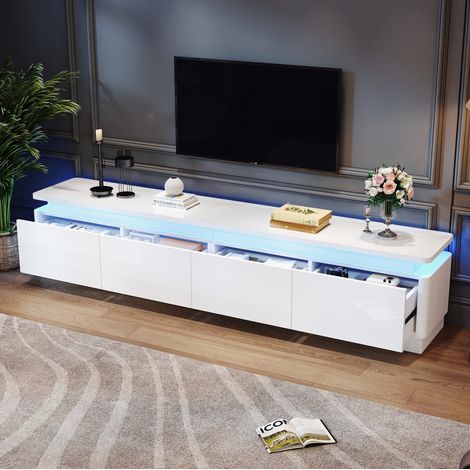 Meuble TV 180x34x40 cm blanc en panneau de particules avec 4 tiroirs, LED et finition brillante (1/5)