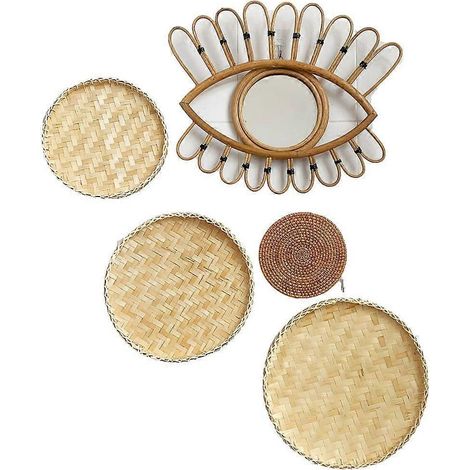 Ensemble de 6 pièces de style bohème africain : paniers muraux tressés faits main en rotin et jonc de mer, disques décoratifs pour la décoration intérieure (1/4)