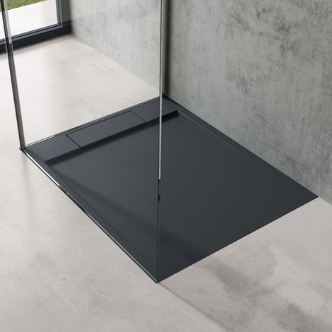 doporro Duschtasse Duschwanne 70x90x4 flach Mineralguss in Anthrazit DIN-Anschlüsse für bodenebene Montage geeignet Geoma04