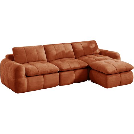 Sofá modular en L de 3 plazas en chenilla naranja, con puf, 264x160x68 cm (1/5)