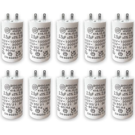 Condensateurs pour réparation de moteur de volet roulant SOMFY, SIMU - Condensateur cylindriques à 2 cosses Faston 2,8 - spécial remplacement - pour moteur de volet. - 2,5 uF - Lot de 10