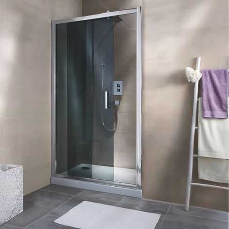 Porte de douche coulissante, verre 6 mm anticalcaire, verre anthracite fumé, profilé aspect chromé, Reverso, Schulte, 140 x 200 cm