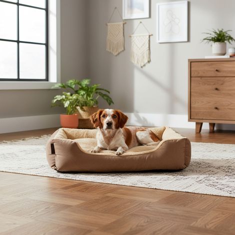 belviona Hundebett mit kuscheligem Wendekissen, pflegeleicht & rutschfest, gemütlicher Schlafplatz, 75x60 cm, braun/beige (1/5)