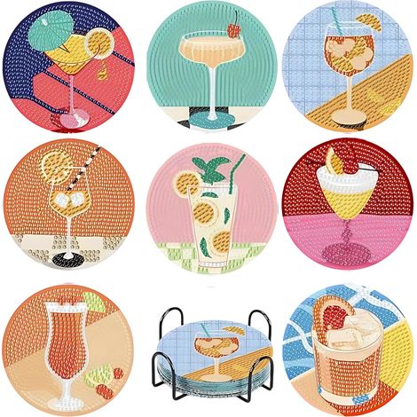 Diamond Painting Lot de 8 sous-verres créatifs pour adultes, dessous de verre pour cocktail, occupation pour adultes, peinture diamant, loisirs créatifs, motifs colorés (1/5)
