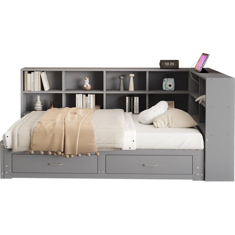 Lit banquette convertible 90/180 x 190 cm avec rangement, prise multifonction, 2 tiroirs et cadre en bois gris, gain de place pour petite chambre - CHICFURN (1/5)