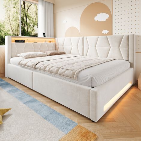 Cama tapizada 140/200 cm beige de terciopelo con almacenaje, LED y USB/Type-C (1/5)
