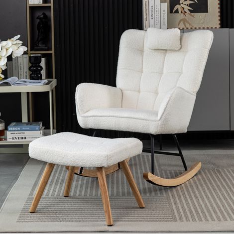 Poltrona a dondolo 92x65x93 cm in tessuto peluche bianco, comoda per salotto moderno FloraGrace (1/5)