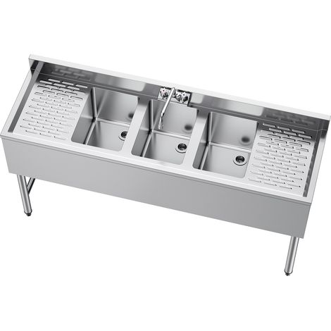 Mophorn Lavello a 3 Scomparti Rettangolare in Acciaio Inox con Vasche Profonde, Scolapiatti, Paraschizzi e Rubinetto per Acqua Calda e Fredda, 254 x 356 x 254 mm, Ideale per Cucine di Ristoranti e Bar (1/5)