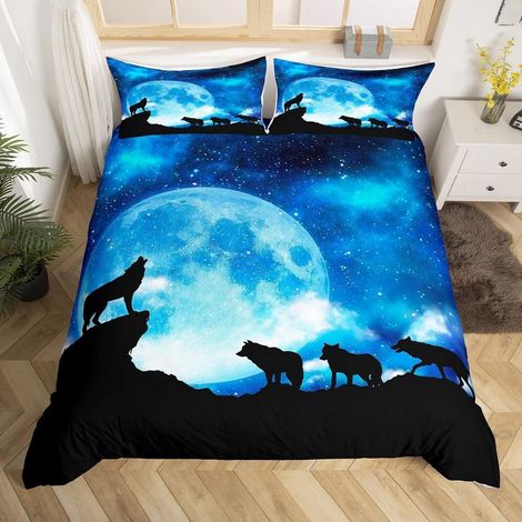 3D Wolf Bettwäsche Set 200x200 cm mit 2 Kissenbezügen 80x80 cm, Microfaser, Reißverschluss