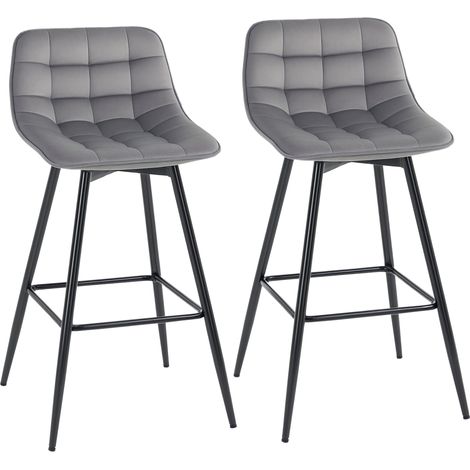 Lot de 2 Tabourets Hauts Nordique, Dossier, Repose-Pieds, Velours et Métal, 45 x 47 x 88 cm, Gris (1/5)