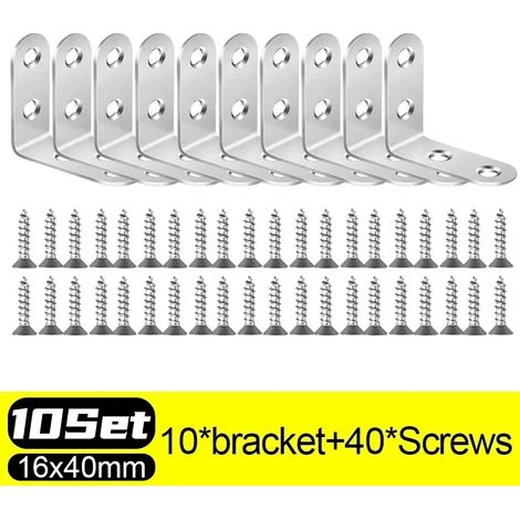 (10 jeux - 16 x 40 mm) Équerres d'angle en L en acier inoxydable, fixations à angle droit (90°) pour meubles en bois, cadres de lit et armoires (1/5)