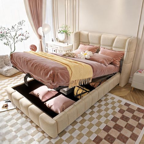 Cadre de lit beige en tissu 213 x 98 x 101,5 cm (1/5)