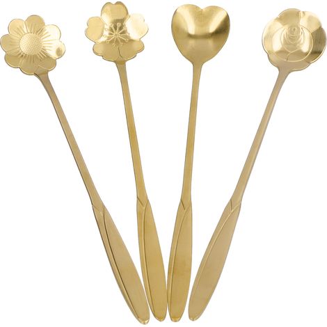 Lot de 4 cuillères à mélanger en forme de cœur et de fleur, cuillères à café, cuillères à dessert, cuillères à thé glacé en acier inoxydable, couleur or (1/5)