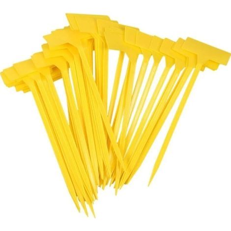 Paquete de 50 etiquetas de plástico amarillas para jardín – Tamaño 9 x 4,5 cm – Altura 30 cm – Reutilizables para huertos y cultivos. (1/5)